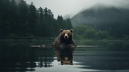 a bear gracefully swims in the shadow of trees, creating a captivating narrative-driven visual story. this national geographic photo, captured in 8k resolution, showcases an ambitious and zen-inspired scene. the dark gray and brown tones, along with the misty atmosphere, add depth and intrigue to this stunning wildlife image. ai generatedの素材