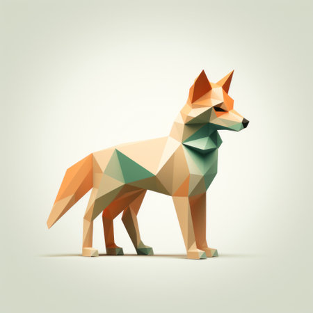 3d design of a wolf character, inspired by emiliano ponzi's style, featuring simple forms and geometric structures. the color palette includes light orange and dark emerald shades, creating a visually striking composition. this artwork showcases the technique of focus stacking, resulting in a life-like representation. the influence of damien hirst's work can also be seen in this piece, which is available on flickr. ai generatedの素材