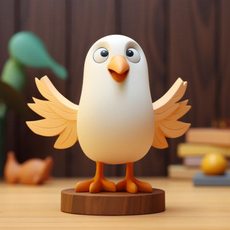 a chibicharacter, rendered in cinema4d, sits on a wooden table beside a bookshelf. the avian-themed illustration showcases charming and joyful character designs. the light white and light brown color palette complements the brightly colored, rounded birds, creating an optimistic and delightful scene. ai generatedの素材
