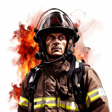 an ominous firefighter stands in front of intense heat in this realistic watercolor illustration by john larriva. the detailed character illustration showcases hyper-detail and an extreme angle, creating a visually striking image. this illustration is a perfect example of larriva's unique style and the use of rtx technology to enhance the realism. ai generatedの素材