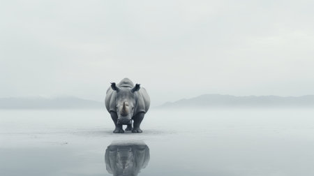 a rhino gracefully walks on water during a foggy morning in hong kong, korea. this realistic landscape photograph captures the soft, tonal colors of the scene. the monochromatic minimalist portrait showcases the rhino's reflection and mirroring effect. the explosive wildlife presence is enhanced by the dark white and white contrast. surrealistic distortions add a touch of intrigue to this captivating image, captured using a longの素材