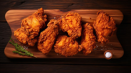 fried chicken on a board with chicken sauce and herbs, captured in a top-down perspective. this photograph showcases the whitcomb-girls style, characterized by exaggerated features, repetitive patterns, and realistic chiaroscuro. the composition features zigzags and unpolished authenticity, while the subjects strike naturalistic poses. ai generatedの素材