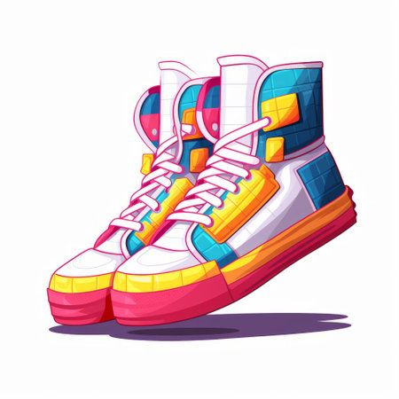 colorful hightop sneakers featuring a detailed character design in a vibrant yellow and pink color scheme. these shoes are reminiscent of 2d game art and exude a futuristic, spacepunk vibe. with a white background, these cartoonish sneakers are a playful and eye-catching addition to any outfit. ai generatedの素材