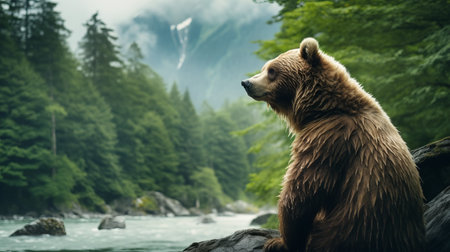 a brown bear stands on a rock near a river, showcasing the stunning beauty of nature. this digitally manipulated photo captures an adventure-themed scene with mountainous vistas, a misty atmosphere, and lush dark green surroundings. immerse yourself in the breathtaking wilderness. ai generatedの素材