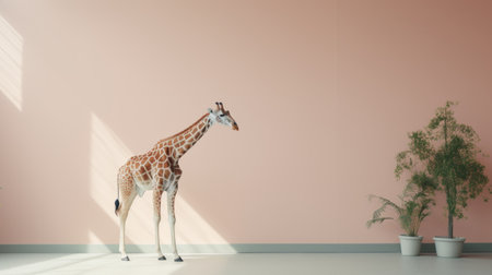 a giraffe stands gracefully in a room adorned with potted plants. the 8k 3d rendering showcases a light pink and light orange color scheme, complementing the minimalist backgrounds. created using unreal engine 5, the image exudes a sense of minimalist spare simplicity. the giraffe's presence, inspired by graffiti art, adds a touch of uniqueness to the overall minimalist tendencies of the composition. ai generatedの素材