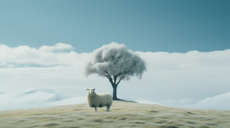 a snow capped hill stands tall in this 8k resolution photograph, showcasing a whimsical yet eerie animal symbolism. the pastoral landscape is captured with soft and airy compositions, creating a dreamlike imagery. the contrasting balance adds depth to the photorealistic landscapes. ai generatedの素材