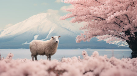 a sheep stands gracefully amidst the majestic mountains, with a beautiful pink tree in the background. this enchanting scene captures the essence of japanese photography, showcasing digital manipulation techniques. the realistic seascapes and landscapes with soft, tonal colors add a touch of serenity. the image also features wimmelbilder, cherry blossoms, and characterized animals, creating a captivating visual experience. ai generatedの素材