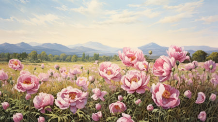 maurice andrews' oil painting showcases pink flowers in full bloom on a field, reminiscent of the artistic styles of vladimir kush, fuyuko matsui, and guido borelli da caluso. the realistic landscape features soft, tonal colors, capturing the serene beauty of northern china's terrain. with a touch of historical illustration and a painterly style, this artwork is a captivating blend of various artistic influences. ai generatedの素材
