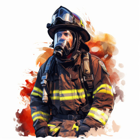 a photo of a firefighter wearing a fire helmet, captured in the style of a realistic portrait painter. the image features inkblots and detailed background elements, reminiscent of the artwork by magali villeneuve. the firefighter exudes an animal-like intensity, adding a touch of manapunk aesthetic to the overall composition. ai generatedの素材