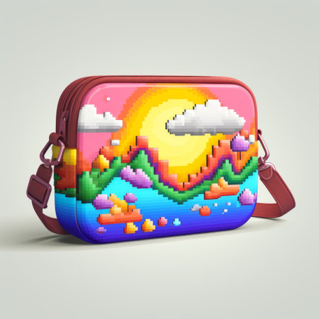 pixel art tote bag: this surreal 3d landscape-inspired tote features a colored cartoon style with dreamlike illustrations. the hyperrealistic compositions and contoured shading create a visually stunning effect. the tote also showcases intricate embroidery and multi-layered color fields, making it a unique and eye-catching accessory. ai generatedの素材