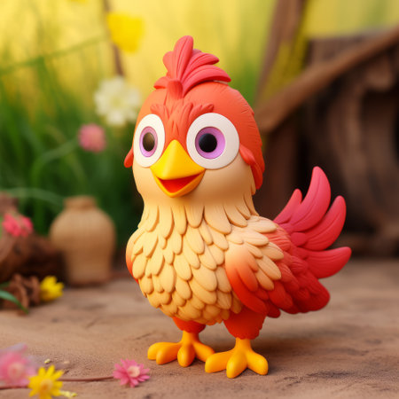 a small red and orange figurine stands in front of vibrant flowers, showcasing a unique blend of life-like avian illustrations and cartoony characters. with its hard surface modeling and toy-like proportions, this figurine exudes a pseudo-realistic charm. the detailed feather rendering adds a touch of intricacy to this captivating piece, reminiscent of the mcdonaldpunk style. ai generatedの素材