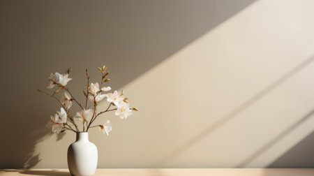 a table adorned with white flowers, showcasing a captivating juxtaposition of light and shadow. the warm color palette and minimalist backgrounds evoke a sense of japanese minimalism. sunrays gracefully illuminate the scene, highlighting delicate sculptures. this uhd image captures the serene beauty of this arrangement. ai generatedの素材