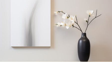 a white painting with flowers on the wall, showcasing the zen minimalism style. rendered in unreal engine, this still life image captures a focus on decorative vessels against a backdrop of dark black and light beige. the uhd image features a subtle color palette, creating a serene and calming atmosphere. ai generatedの素材