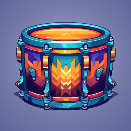 pixel drum illustration on a purple background featuring dark orange and azure colors. this highly detailed illustration showcases sculpted and hand-painted details in dark cyan and yellow. the artwork is a colorful cartoon with classic tattoo motifs. ai generatedの素材