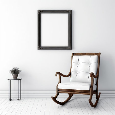 a 3d rendering of a white rocking chair with a frame, resembling large canvas paintings. the design features a minimalist color palette of dark bronze and white, creating a neotraditional aesthetic. the overall atmosphere exudes a gothic vibe, making it a captivating subject for an associated press photo. ai generatedの素材