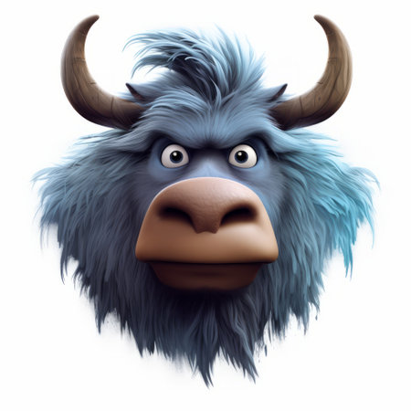 a blue yak head with red hair is depicted in this 8k resolution image. the artwork showcases subtle gradients and meticulous attention to detail, particularly in the texture of the fur and feathers. the cartoony characters add a playful touch to the overall composition. the image is set against a backdrop of cloudcore and norwegian nature, with a creative use of texture. ai generatedの素材