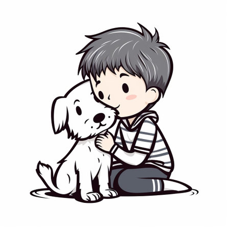 a vector illustration of a boy wearing a striped shirt, hugging two dogs. the artwork is inspired by romantic manga style, with a white and gray color scheme. the photo was taken using a zeiss batis 18mm f2.8 lens, capturing the intricate details of the chinese brushwork. the image beautifully depicts the bond between animals and people, showcasing the high quality of the sonian photograph.の素材