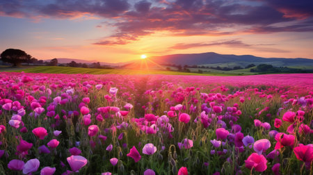 purple tulip fields at sunset create a stunning photo with a photo-realistic landscape style. captured by renowned photographers mandy disher, martin rak, and dariusz klimczak, this 32k uhd image showcases the vibrant colors of pink and magenta. featured in national geographic, this breathtaking view is a must-see. ai generatedの素材