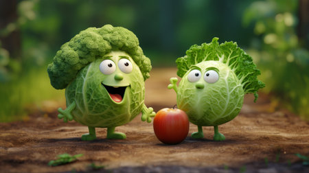 three animated characters, resembling green lettuce and orange, are depicted in this humorous imagery. created using vray tracing and rendered in unreal engine, daz3d, and villagecore, these photorealistic renderings showcase humorous animal scenes. ai generatedの素材