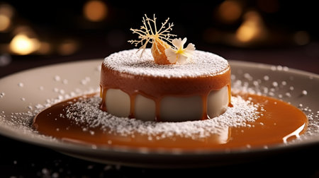a tondo featuring a simple chocolate dessert adorned with caramel syrup. this unreal engine 5 creation showcases fanciful and dreamlike imagery, with delicate and intricate details. the photobashing technique brings out the light orange and silver tones, resulting in a breathtakingly beautiful composition. ai generatedの素材