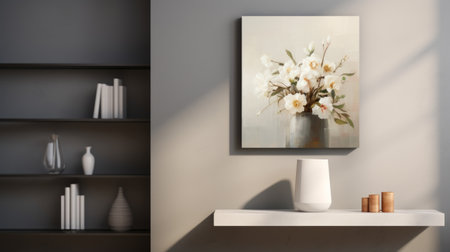 a minimalistic floral art piece by michael malm, displayed among a collection of serene artworks. the artwork features a light white and light bronze color palette, creating a calming ambiance. this high-resolution 8k artwork captures the essence of tranquility, while incorporating elements of security camera art and ambient occlusion. a masterpiece inspired by the renowned artist harriet backer. ai generatedの素材
