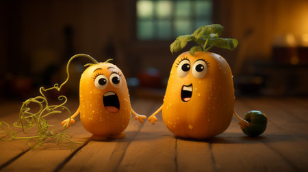 an animated vegetable animation screenshot captured with a nikon d750. the scene showcases emotionally charged moments with quirky characters in a light orange and gold color palette. rendered in cinema4d, the realistic depictions of the vegetables add a touch of whimsy to the image. ai generatedの素材