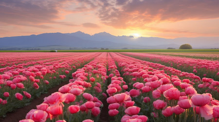 bright pink tulips stand tall in the foreground, while majestic mountains provide a breathtaking backdrop. this national geographic-style photo captures the essence of soft color fields and richly colored skies. the rectangular fields create a mesmerizing pattern, enhanced by luminous shadowing. the serene scene evokes the beauty of dutch marine scenes. ai generatedの素材