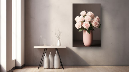 pink roses in a vase painting wall hanging, featuring vray tracing style with realistic and hyper-detailed renderings. the minimalistic composition showcases light black and beige tones, along with reflections and mirroring. this artwork draws inspiration from industrial and product design, making it a perfect addition to domestic interiors. ai generatedの素材