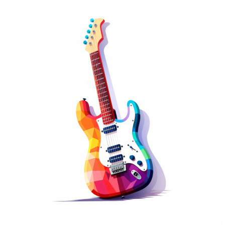 red electric guitar flat illustration vector with vibrant spectrum colors. the low poly design features light violet and amber shades, creating a meticulous and bright sculpture. against a white background, the illustration uses light and shadow to enhance the overall visual impact. ai generatedの素材