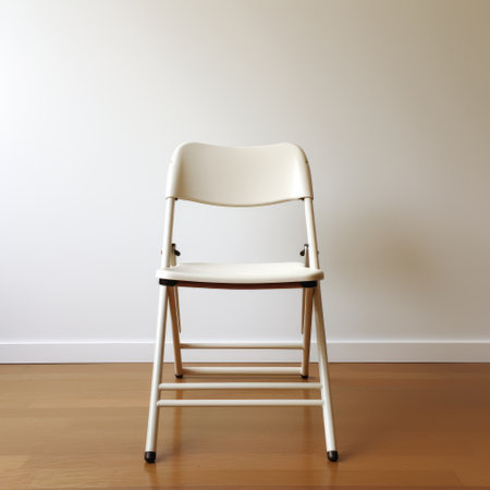 white reupholstered foldaway chair on a white background, with a wooden floor, exuding an edgy political commentary vibe. the sepia tone and focus stacking technique enhance its abstract minimalism. this associated press photo showcases a light orange hue, providing a uhd image of this unique piece. ai generatedの素材