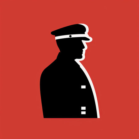 a silhouette of a policeman stands out against a vibrant red background, capturing the essence of stark minimalism. this striking image combines elements of portraiture iconography and black and white imagery, creating a visually captivating composition. with a touch of dieselpunk aesthetics, the close-up shot emphasizes the subject's presence. the inclusion of social media icons and low resolution adds a contemporary twist to this arrestingの素材