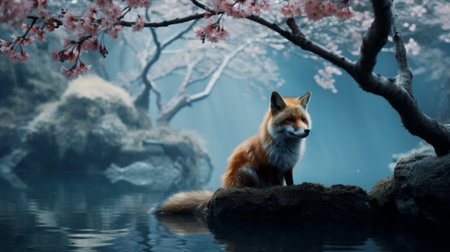 a fox sits gracefully in the water, surrounded by cherry blossoms in this stunning wallpaper. the image, captured in the style of moody tonalism, showcases the photo-realistic compositions of artists marcin sobas and ary scheffer. the fox, characterized by its elegant presence, contrasts beautifully against the light red and dark azure hues of the scene. ai generatedの素材