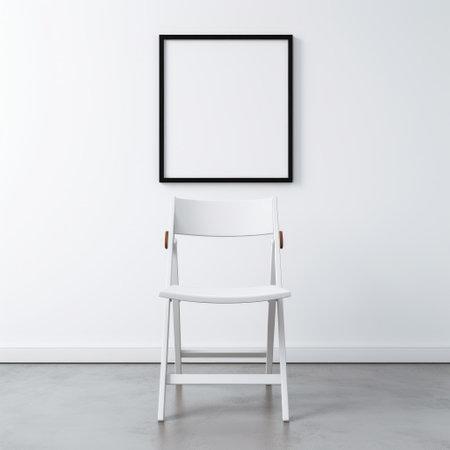 white chair against a wood background, accompanied by a poster with a frame ready for print. this 8k style photograph showcases an industrial and product design aesthetic, with a relatable personality. the black paintings and abstract minimalism add a touch of sophistication to the composition. captured from a low-angle perspective, this image is visually captivating. ai generatedの素材