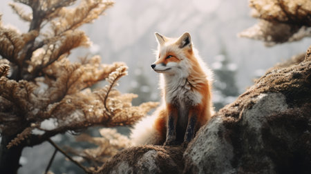 a fox in the snow stands on top of a rock in a forest, captured in the style of jessica rossier. the close-up shot showcases the fox's beautiful fur, which is a mix of light gold and orange hues. this photograph, reminiscent of marcin sobas' naturalistic bird portraits, is a testament to patrick brown's ability to create soft and dreamy scenes. ai generatedの素材