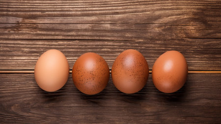 five brown eggs are neatly arranged in a row on a wooden surface, showcasing the precisionism influence. the composition features a combination of light orange and dark beige tones, with minimalist grids adding a touch of uniqueness. the image evokes a sense of environmental awareness, while the subtle hues of light crimson and light brown enhance its one-of-a-kind appeal. ai generatedの素材