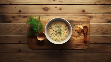 a bowl of soup is placed on a wooden table, ready to be served. this photograph, inspired by the style of michal karcz, showcases pointillist precision with its intricate details. captured in 32k uhd resolution, the image has undergone post-processing to enhance its visual appeal. the pale palette and matte finish add a touch of elegance to this mesmerizing photograph. ai generatedの素材