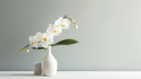an orchid plant sits elegantly on a white vase, complementing the minimalist background. the realistic color palette of light green and light gray adds to the simplicity of the design. this anti-clutter arrangement draws inspiration from minimalist designs, reminiscent of the works of worthington whittredge. with floral accents, this photo captures the essence of minimalism. explore more on sketchfab. ai generatedの素材