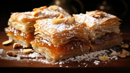 a pastry with powdery sugar and nuts is beautifully presented on a wooden plate. the style of the photo is reminiscent of moosa al halyan, featuring dark amber and pink tones with soft edges and blurred details. the composition is inspired by quadratura and byzantine art, showcasing light brown and silver accents. the overall effect is enhanced by the aggressive quilting technique. ai generatedの素材