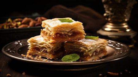 a plate of baklava adorned with almonds and pecans, showcasing classical architectural details. the baklava is beautifully captured in a dark orange and light emerald color palette, using a hasselblad h6d-400c camera. the image exudes a gauzy atmospheric landscape, with hints of light silver and beige, highlighting the exquisite craftsmanship and multi-layered nature of the dessert. ai generatedの素材