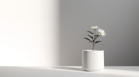 a white vase holds a single white flower, showcasing the essence of digital minimalism. the image, created using octane render, beautifully captures the juxtaposition of light and shadow. this captivating photograph, taken by marguerite blasingame, won a contest for its artistic representation of environmental awareness in everyday life. ai generatedの素材
