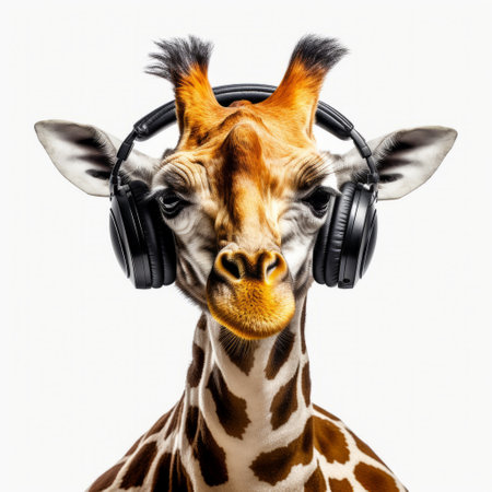 a giraffe wearing headphones is captured on white paper in the style of stereotype photography. this junglepunk-inspired image, taken by grzegorz domaradzki for national geographic, showcases the exotic beauty of the animal. the uhd quality of the photo allows for intricate details to be seen, making it a captivating addition to any collection. ai generatedの素材