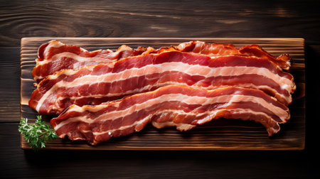 bacon on a wooden board with thyme sprigs, showcasing wavy lines and organic shapes. the dark sky-blue and light brown hues create a visually appealing contrast. lens flares add a touch of artistic flair to this american barbizon school-inspired composition. with a resolution of 3840x2160 and rtx on, this stunning image is truly captivating. ai generatedの素材