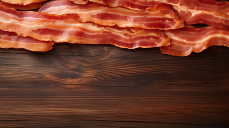 bacon on wooden texture, uhd image with the style of american barbizon school. the distinct framing and high resolution capture the wavy resin sheets of the bacon. the smokey background adds depth to the composition. this photo is available under creative commons attribution license. ai generatedの素材