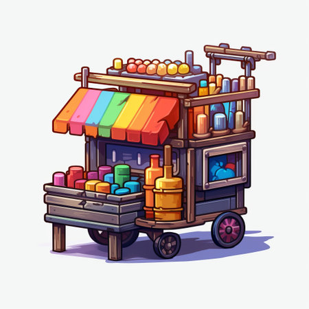 a colorful cart filled with a variety of vibrant items is depicted in this 2d game art style. the detailed ink illustrations showcase elements of kombuchapunk, pixelated realism, and soft shading. the meticulous design of the cart and its contents exudes a captivating cartelcore aesthetic. ai generatedの素材