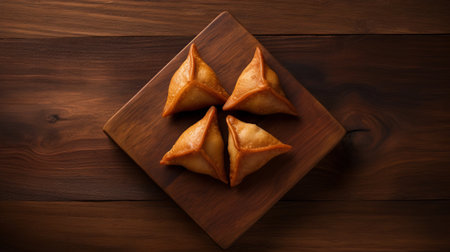 a wooden board showcasing three pistachio sweets, creatively shaped like folded planes, inspired by indian pop culture. the luxurious drapery in dark gray and light brown adds an elegant touch. the design, reminiscent of he jiaying's work, features quadratura and a voluminous mass, creating a visually captivating composition. ai generatedの素材