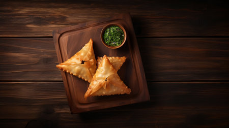 a trio of pita, filled with a flavorful blend of herbs and garlic sauce, is showcased on a rustic wooden background. the low poly style adds a unique touch, with dark green and bronze hues enhancing its unpolished authenticity. the composition features elements of quadratura and samikshavad, highlighting exquisite craftsmanship. zigzags add an intriguing visual element to this captivating image. ai generatedの素材