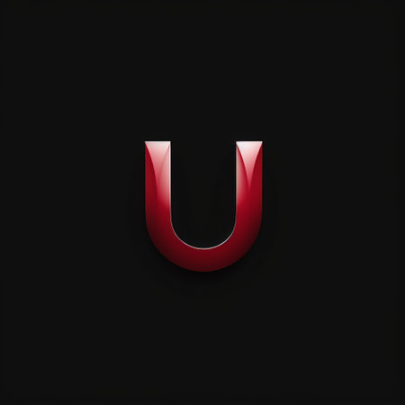 the letter "u" is depicted on a black background, showcasing a striking combination of light black and crimson colors. this vibrant and bold design incorporates personal iconography and utilizes glass as a material, resulting in an ultra-realistic and simplistic character. ai generatedの素材