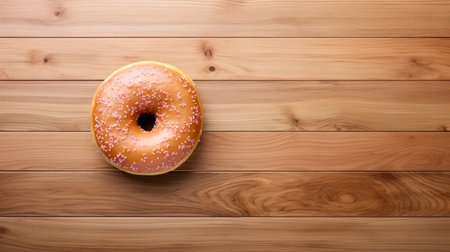 a donut sits on a wooden surface in this commercial-style image by joel robison. the photograph showcases the donut's deliciousness with minimal retouching, captured in stunning 8k resolution. this uhd image embodies the solapunk aesthetic, reminiscent of the work of david burdeny. ai generatedの素材