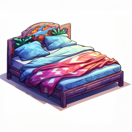 a bed adorned with vibrant pillows and a plaid print cover, showcasing a colorful fantasy realism style. this 2d game art-inspired piece incorporates tropical symbolism, bright colors, and colorful washes. the design is surprisingly absurd, reminiscent of colorful woodcarvings. ai generatedの素材