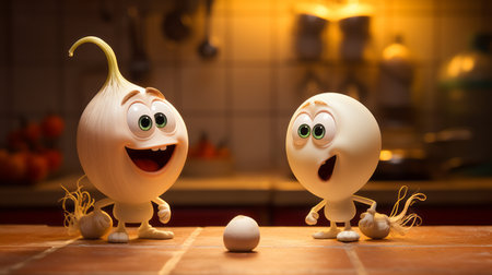 two small cartoon characters with lively facial expressions, depicted in a movie still style. the characters have eyes next to each other and are light beige and white in color. the tableaus are bulbous and curvilinear, with a backlight adding depth to the image. ai generatedの素材